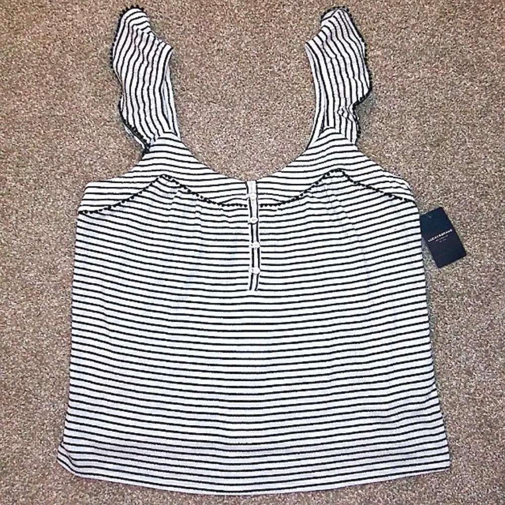NWT Sz M Lucky Brand Striped Ruffle Strap Top